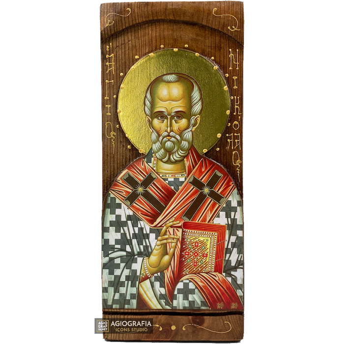 San Nicola icona bizantina greca a stampa oro su legno intagliato