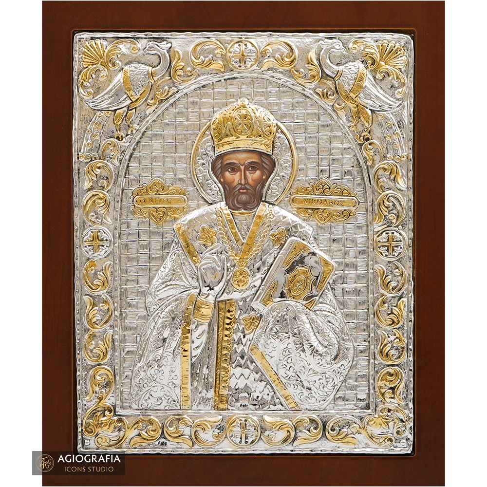 Saint Nicholas of Myra Orthodox Silver Plated Icon on Wood