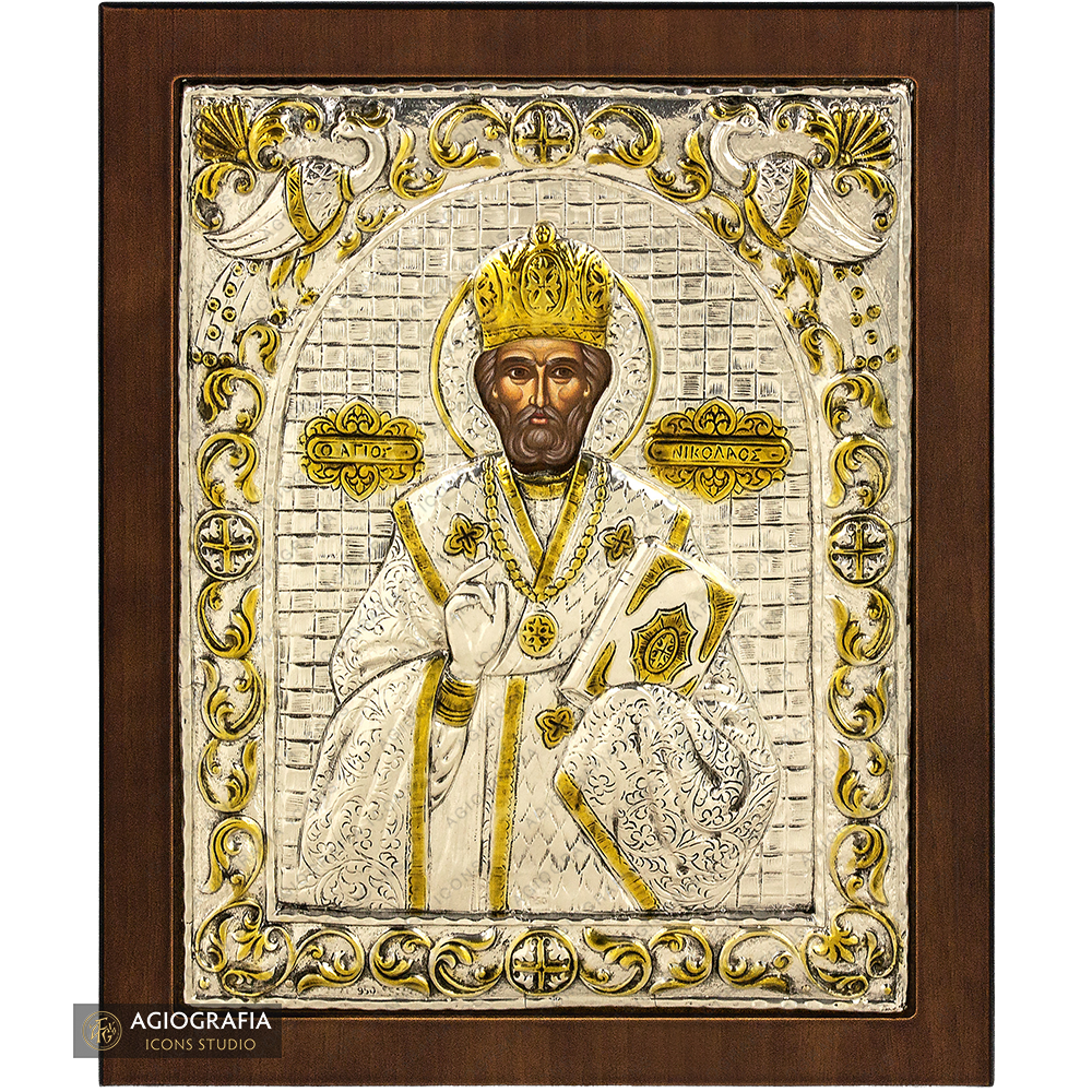 Saint Nicholas Silver Gold Plated Icon on Wood