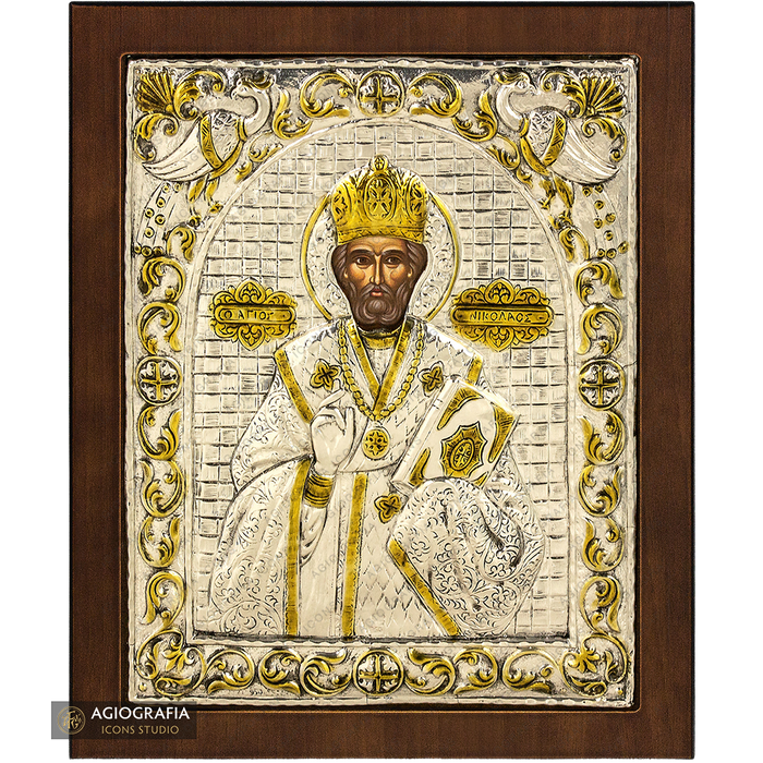 Saint Nicolas icône plaquée argent et or sur bois