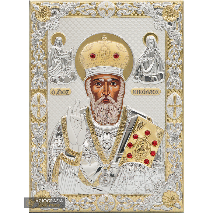San Nicola icona cristiana placcata argento e oro su legno