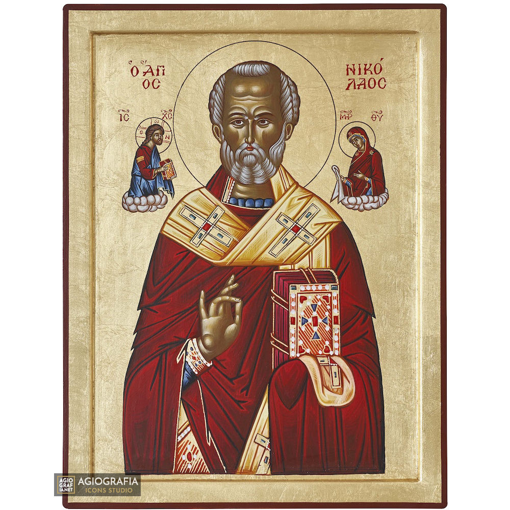 Saint Nicholas Handwritten Orthodox Icon with Matte Gold Leaves