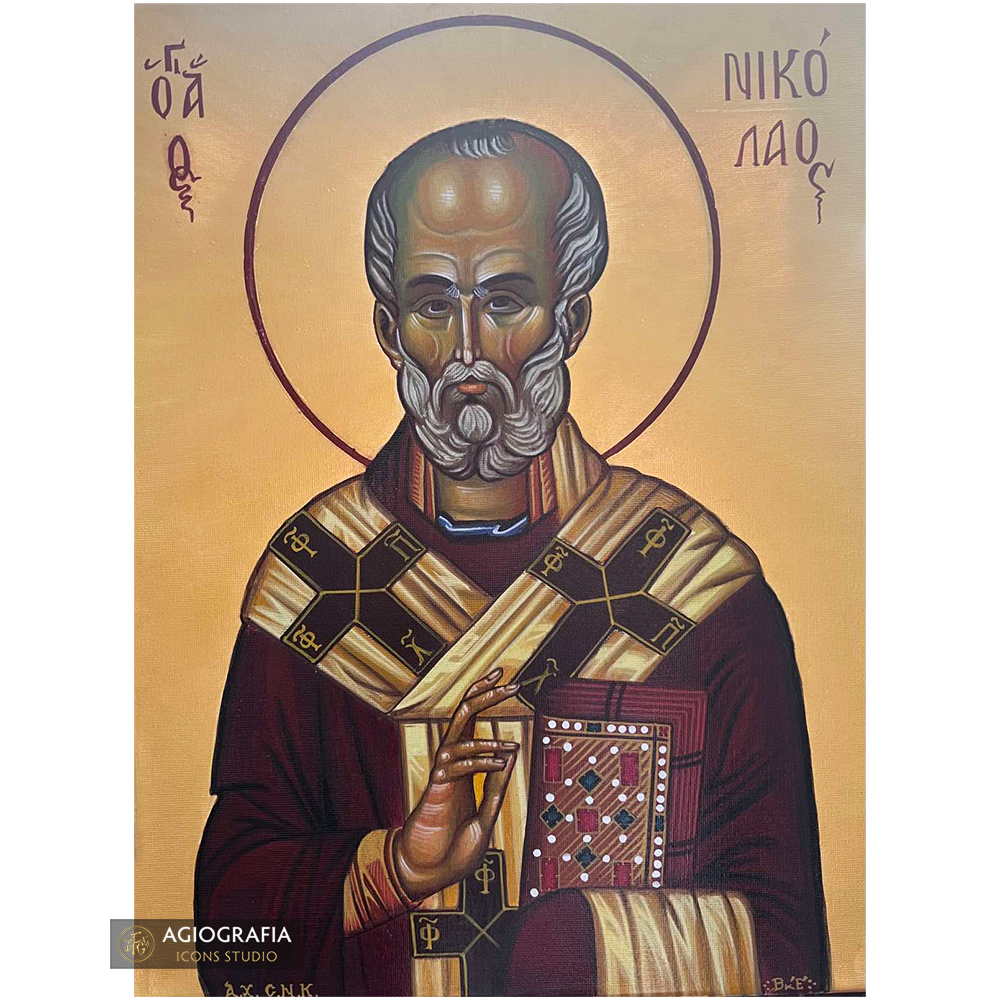 22k Saint Nicholas Handwritten Icon with Gold Leaves Background