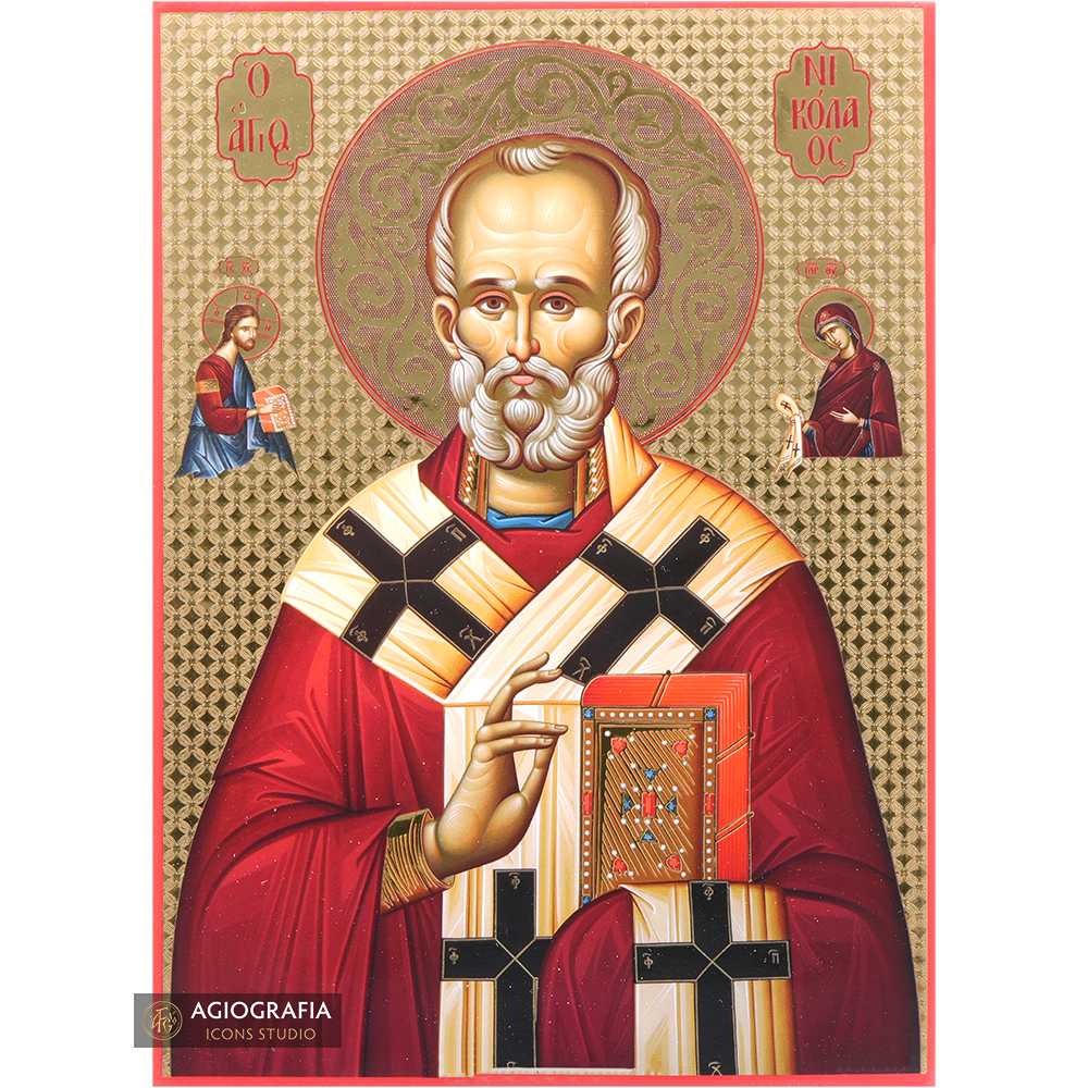 Saint Nicholas Icon with Gilding Effect Gold Foil Background