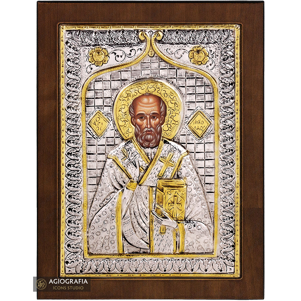 Saint Nicholas Christian Orthodox Silver Plated Icon