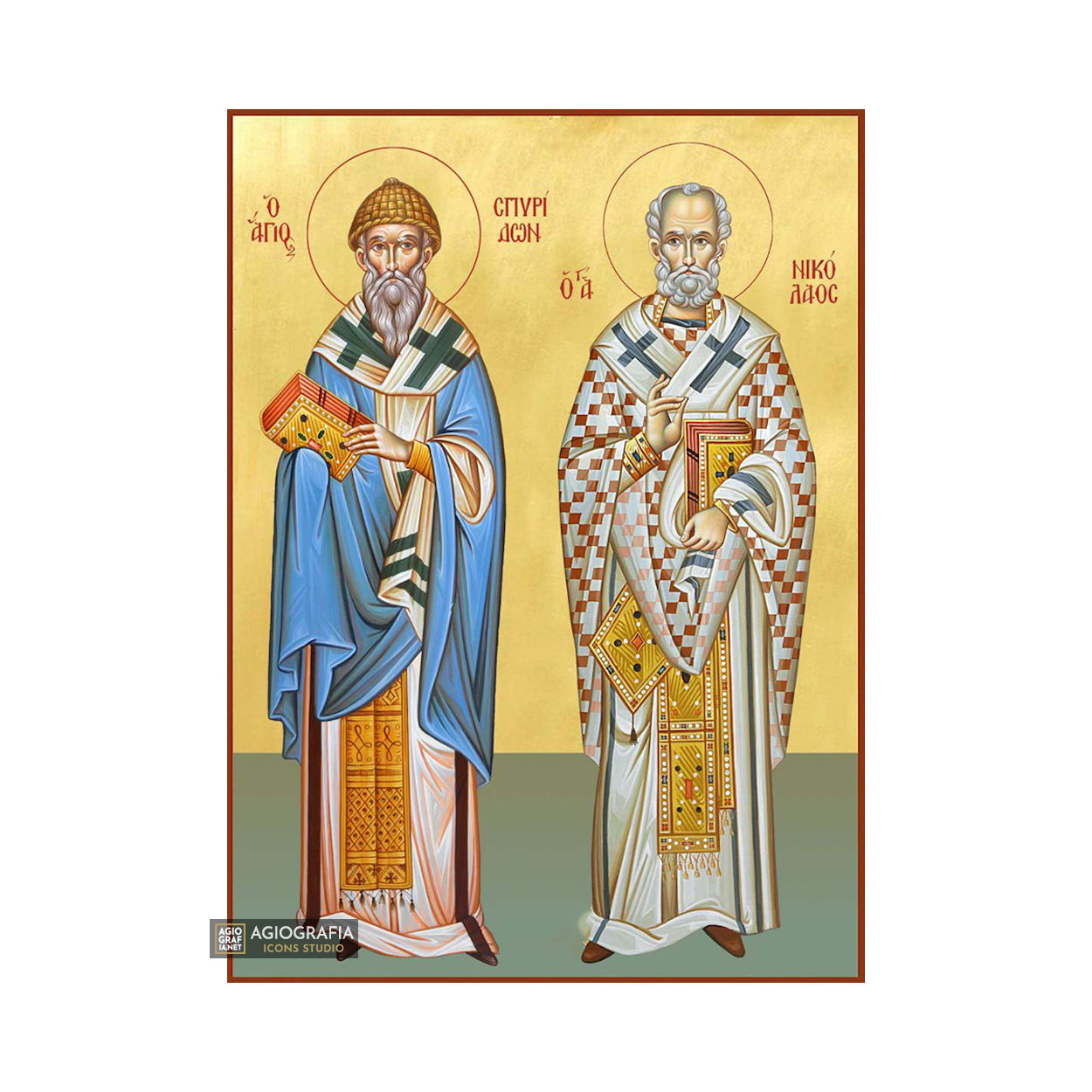 22k St Nicholas & Saint Spiridon - Gold Leaf Christian Orthodox Icon