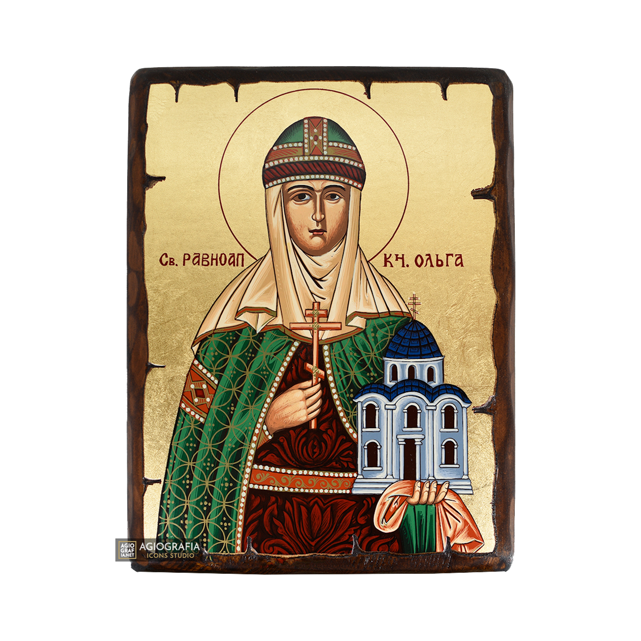 St Olga Greek Orthodox Wood Icon with Gold Leaf
