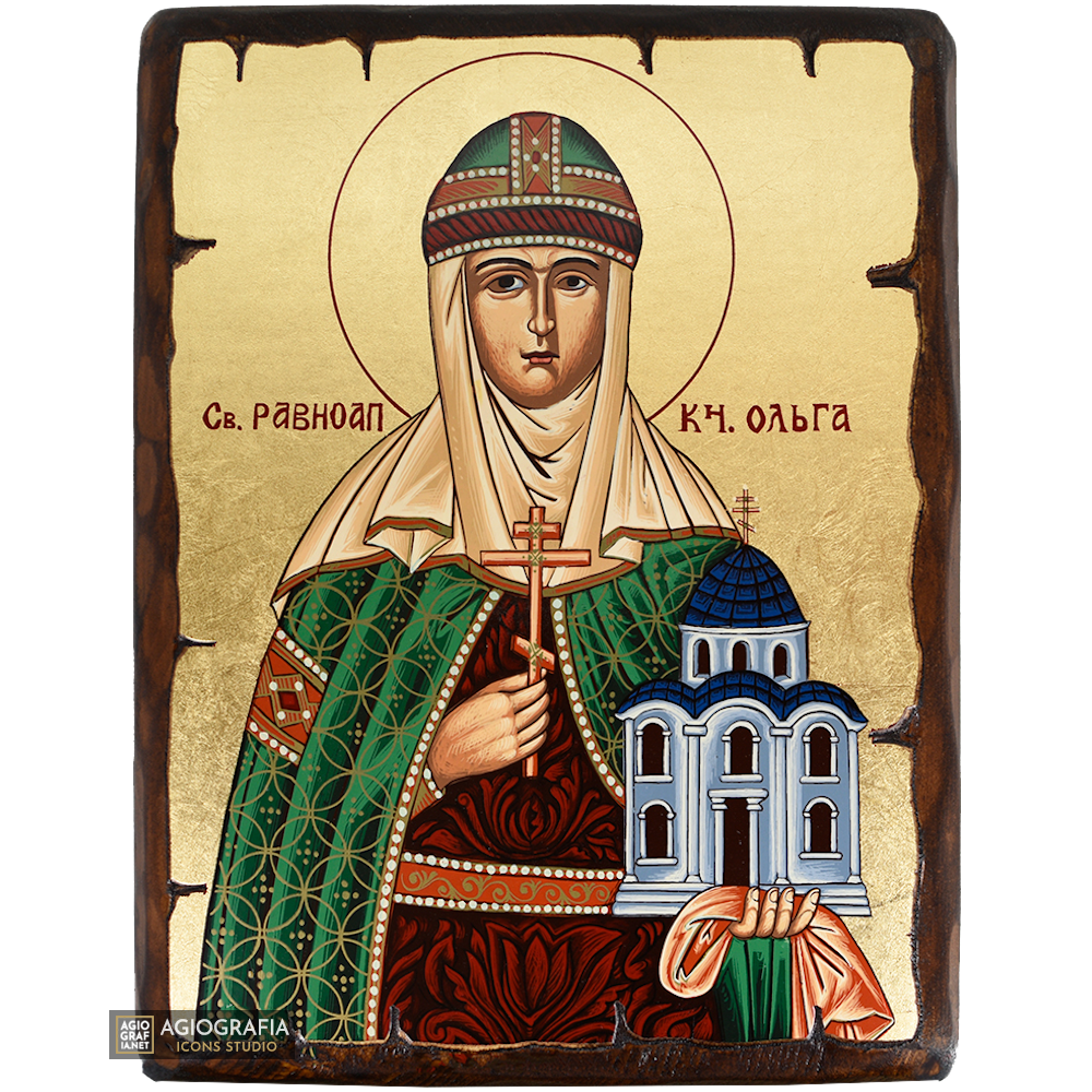 Sant'Olga icona greca ortodossa su legno a foglia d'oro