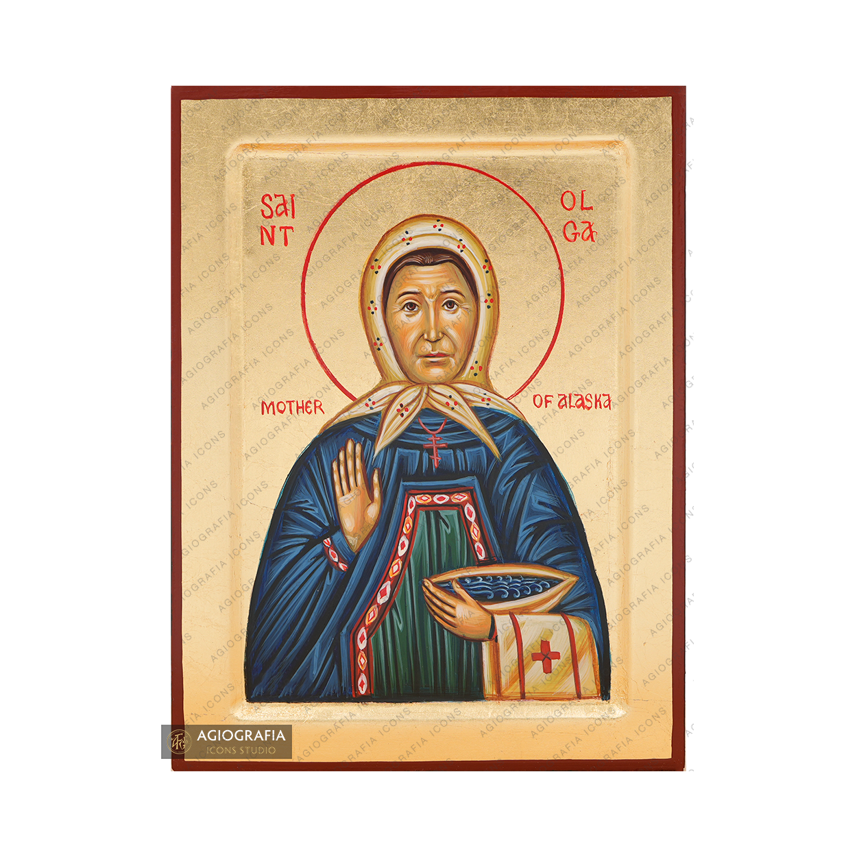 Saint Olga of Alaska Handwritten Icon with Matte Gold Leaves