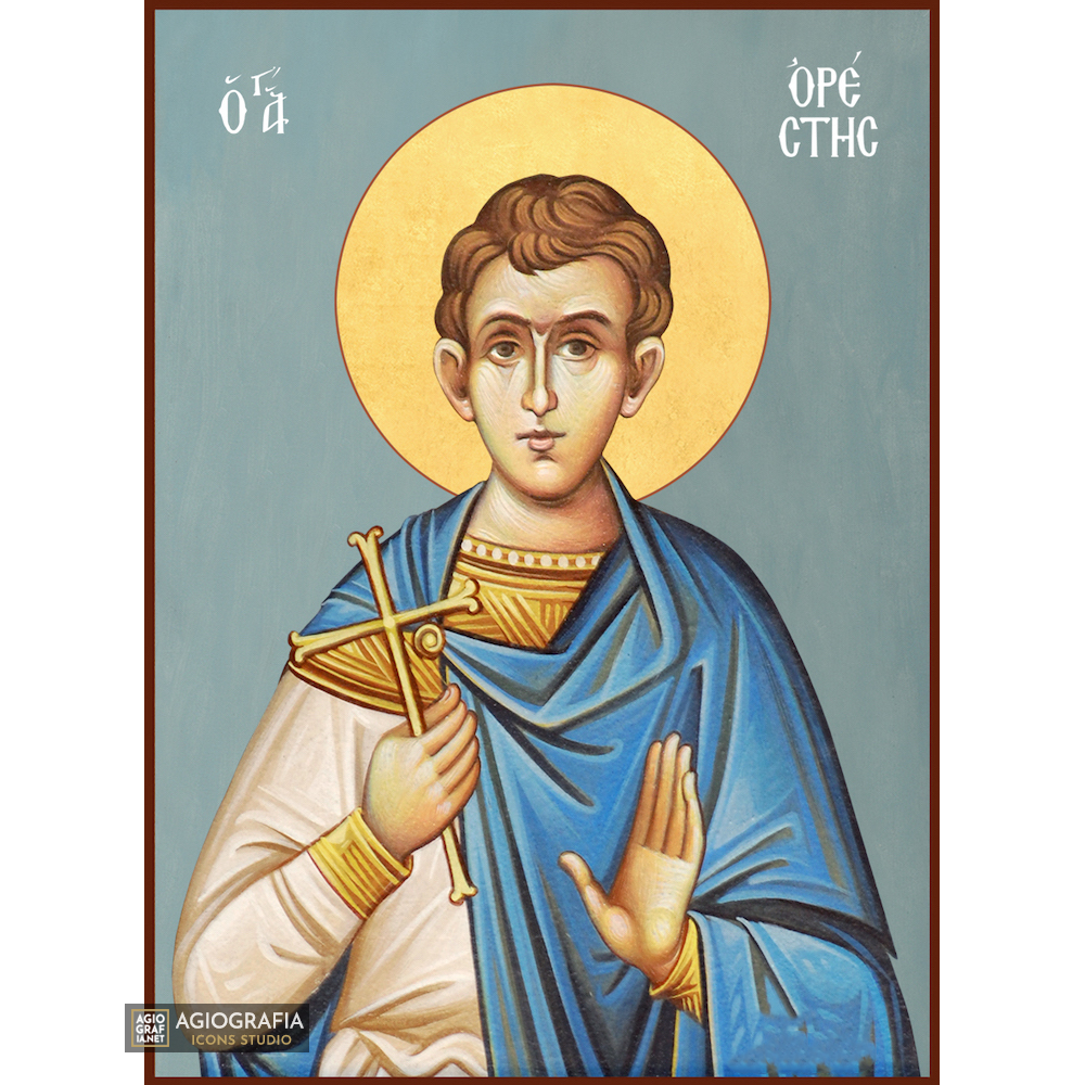 St Orestis Christian Byzantine Icon with Blue Background