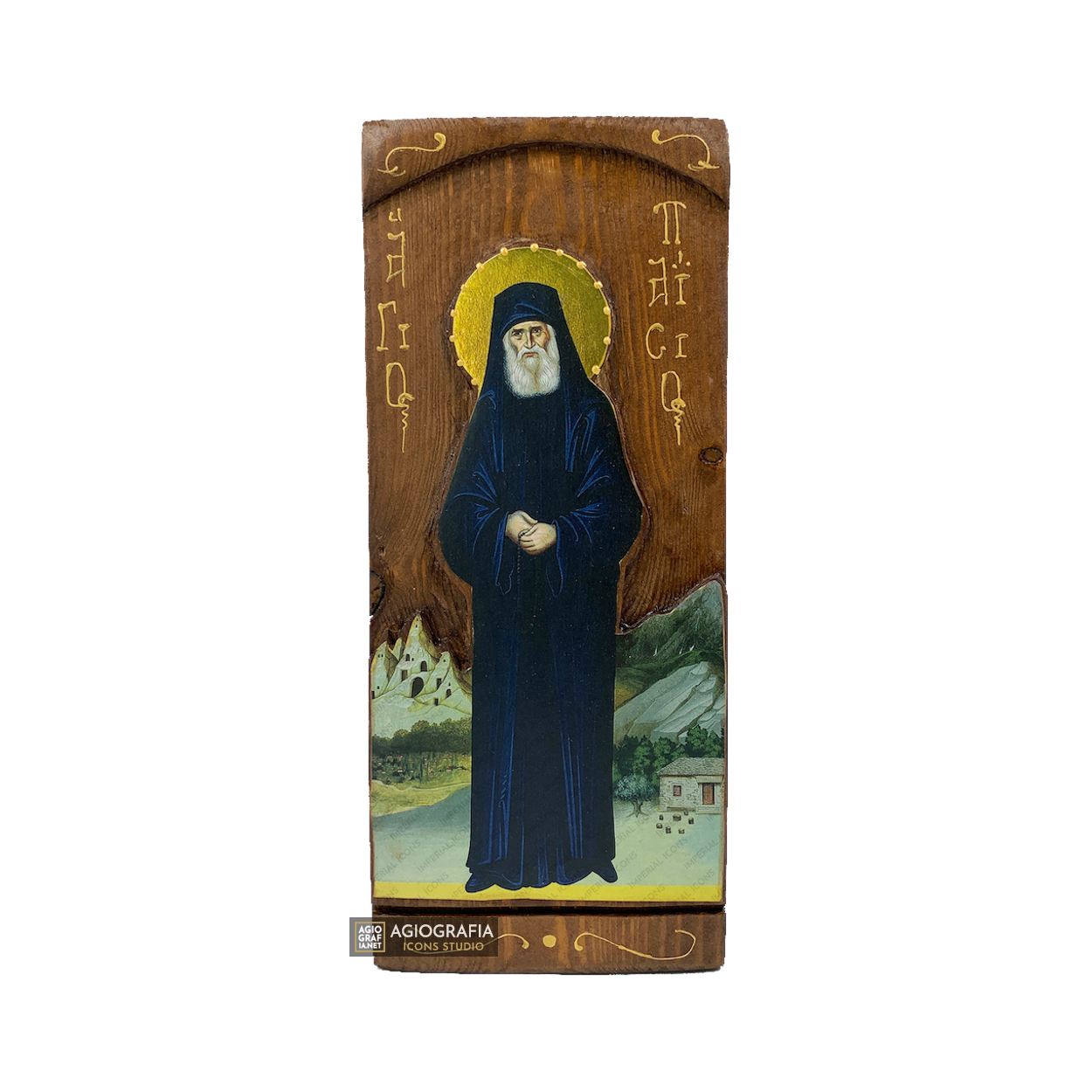 St Paisios Byzantine Greek Gold Print Icon on Carved Wood