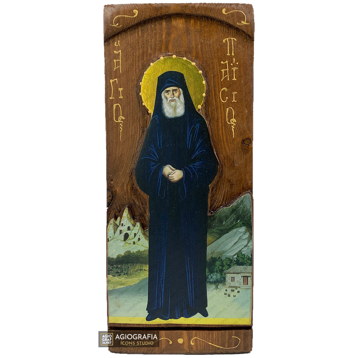 San Paisio icona bizantina greca a stampa oro su legno intagliato