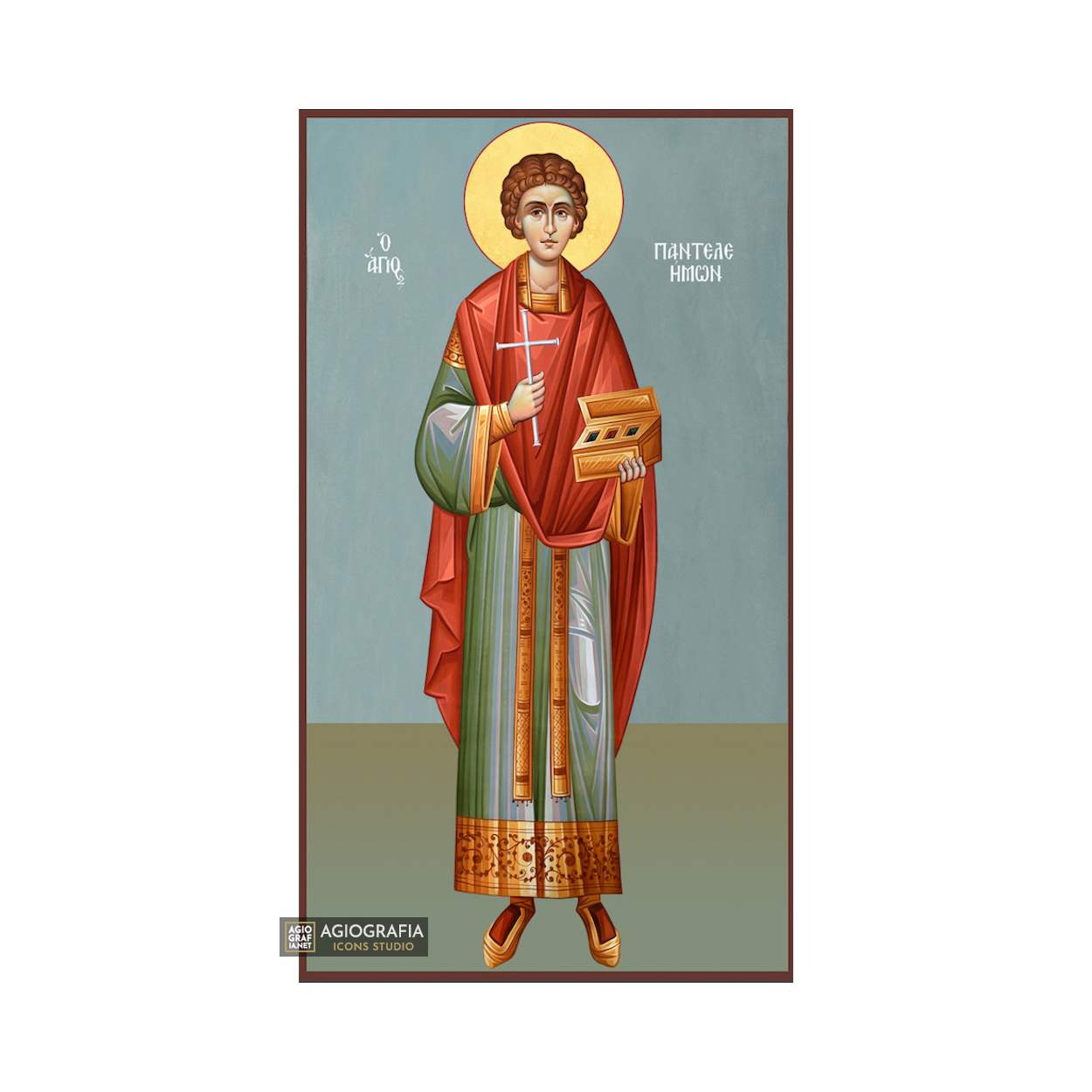 St Panteleimon Greek Orthodox Wood Icon with Blue Background