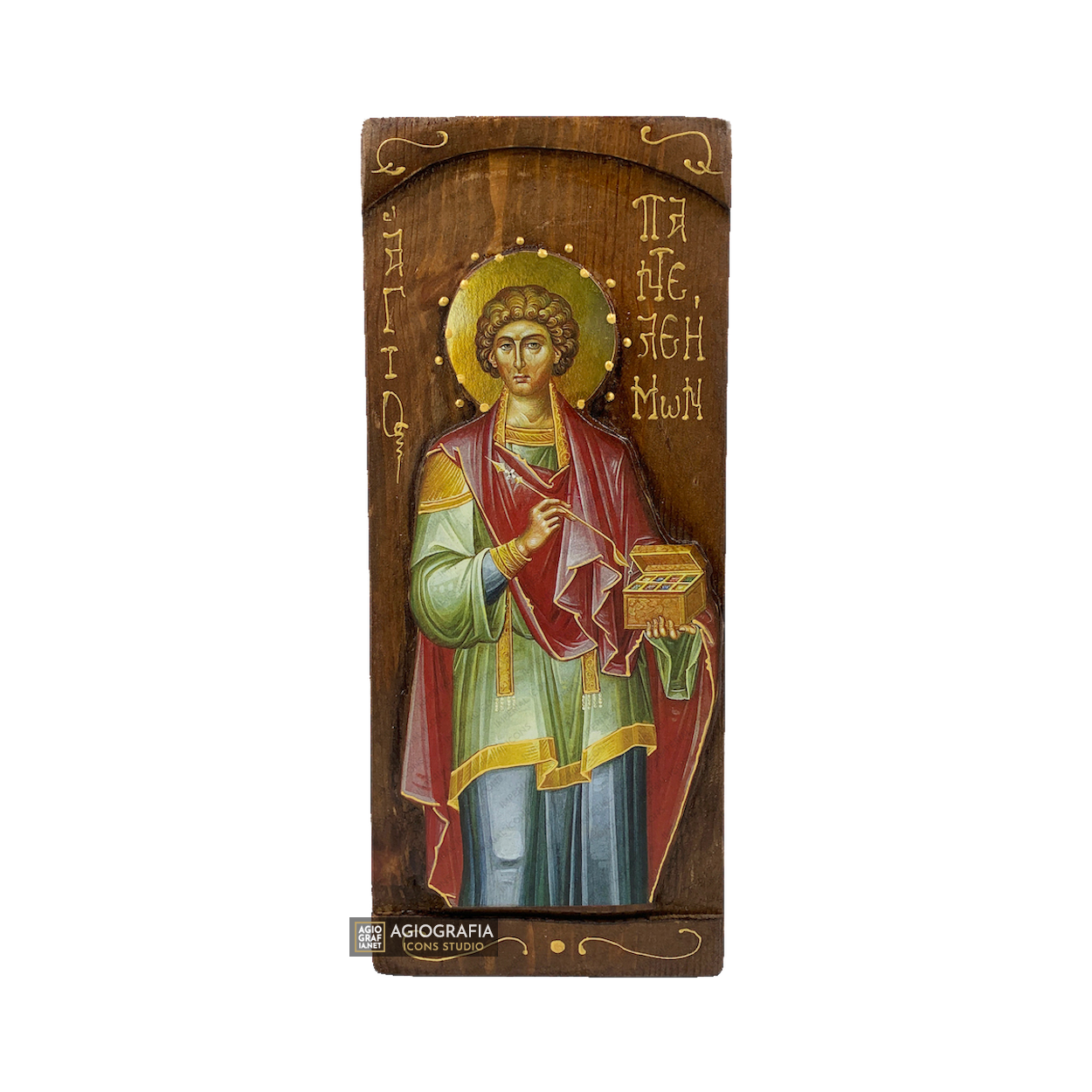 St Panteleimon Christian Orthodox Gold Print Icon on Carved Wood