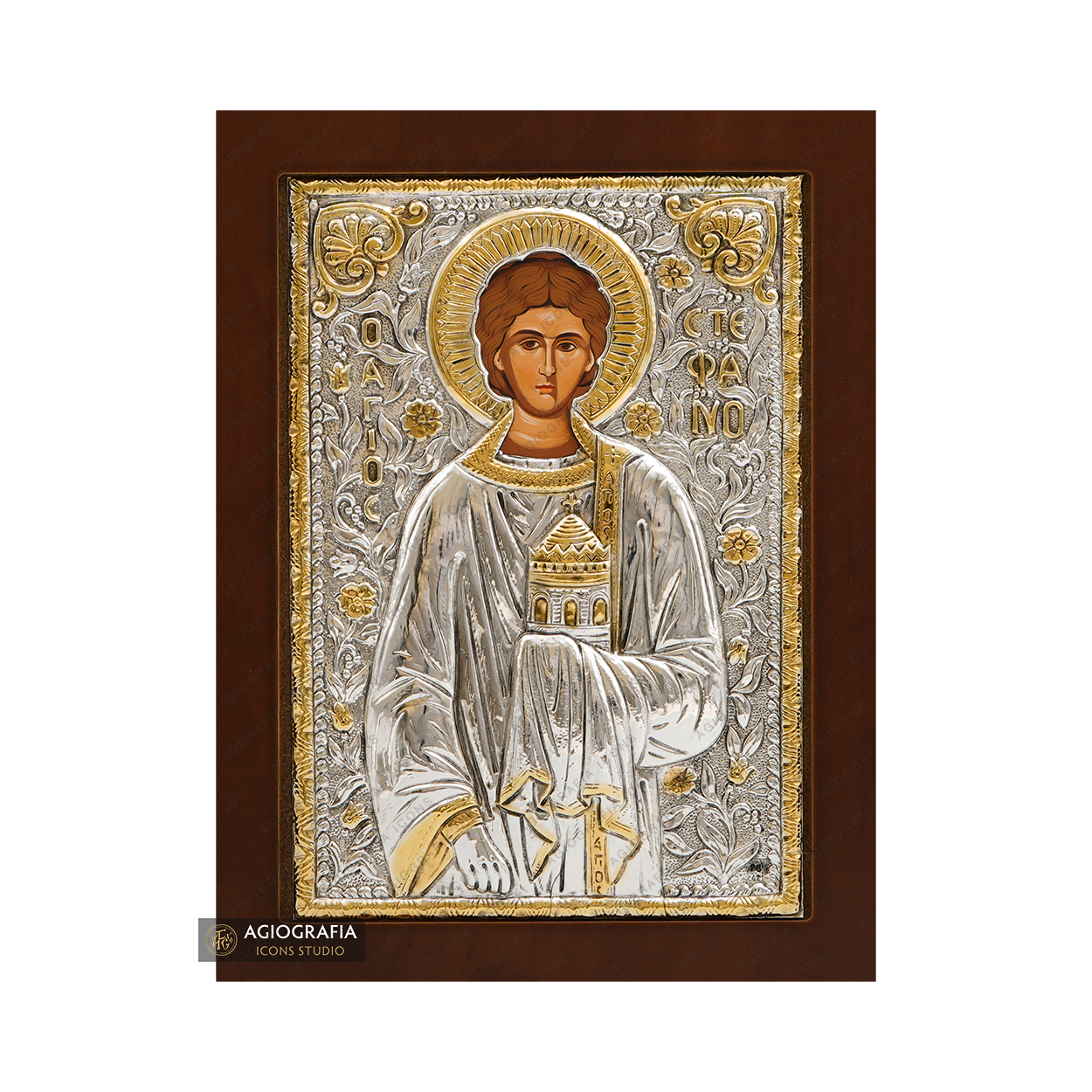 Saint Panteleimon Christian Orthodox Silver Plated Icon on Wood