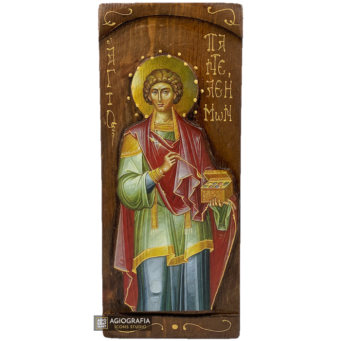 San Pantaleone icona cristiana ortodossa a stampa oro su legno intagliato