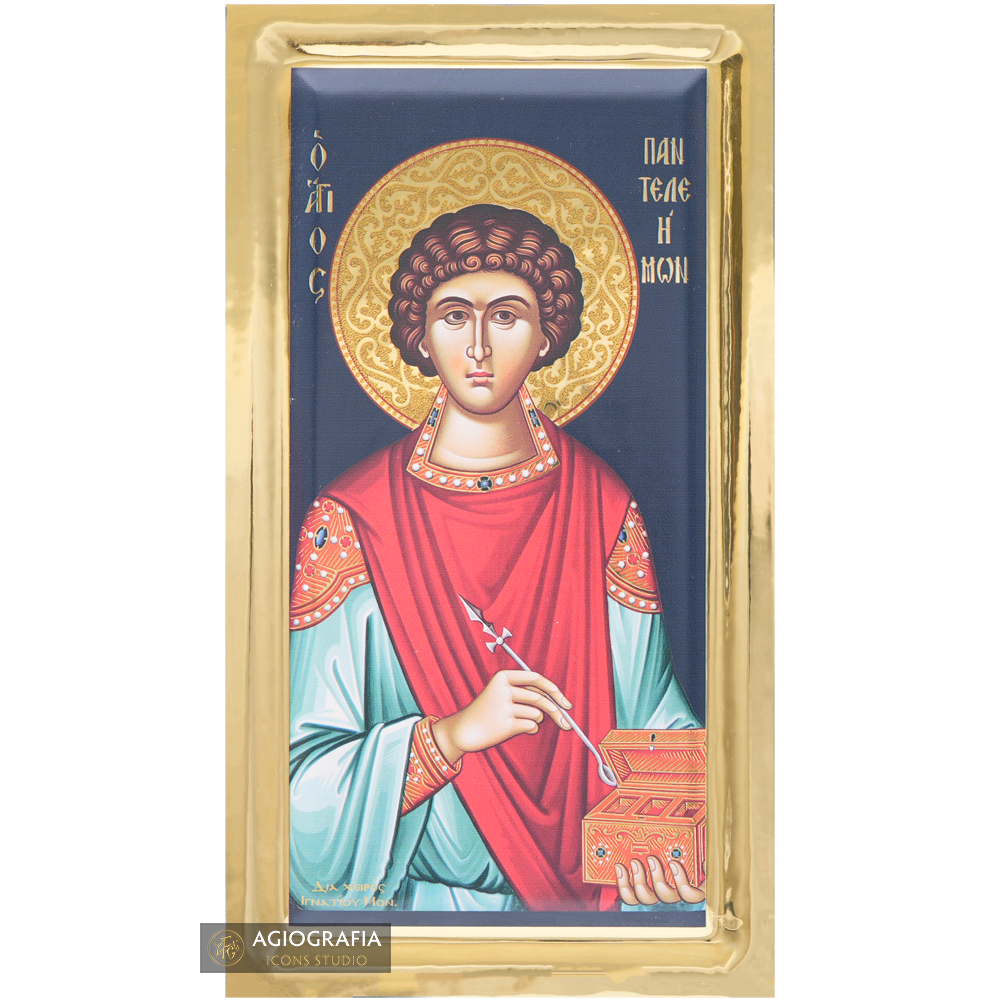 Saint Panteleimon Orthodox Icon with Gilding Effect