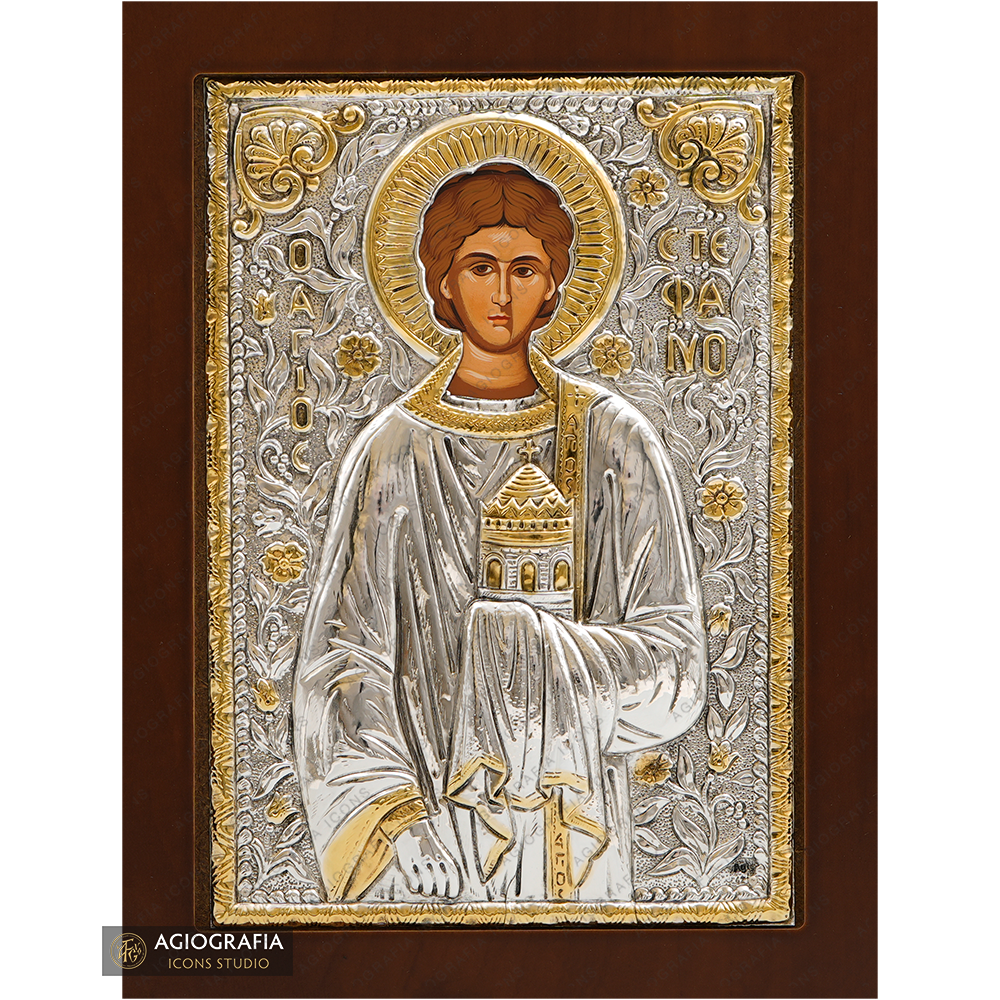 Saint Panteleimon Christian Orthodox Silver Plated Icon on Wood