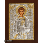 Saint Panteleimon Christian Orthodox Silver Plated Icon on Wood