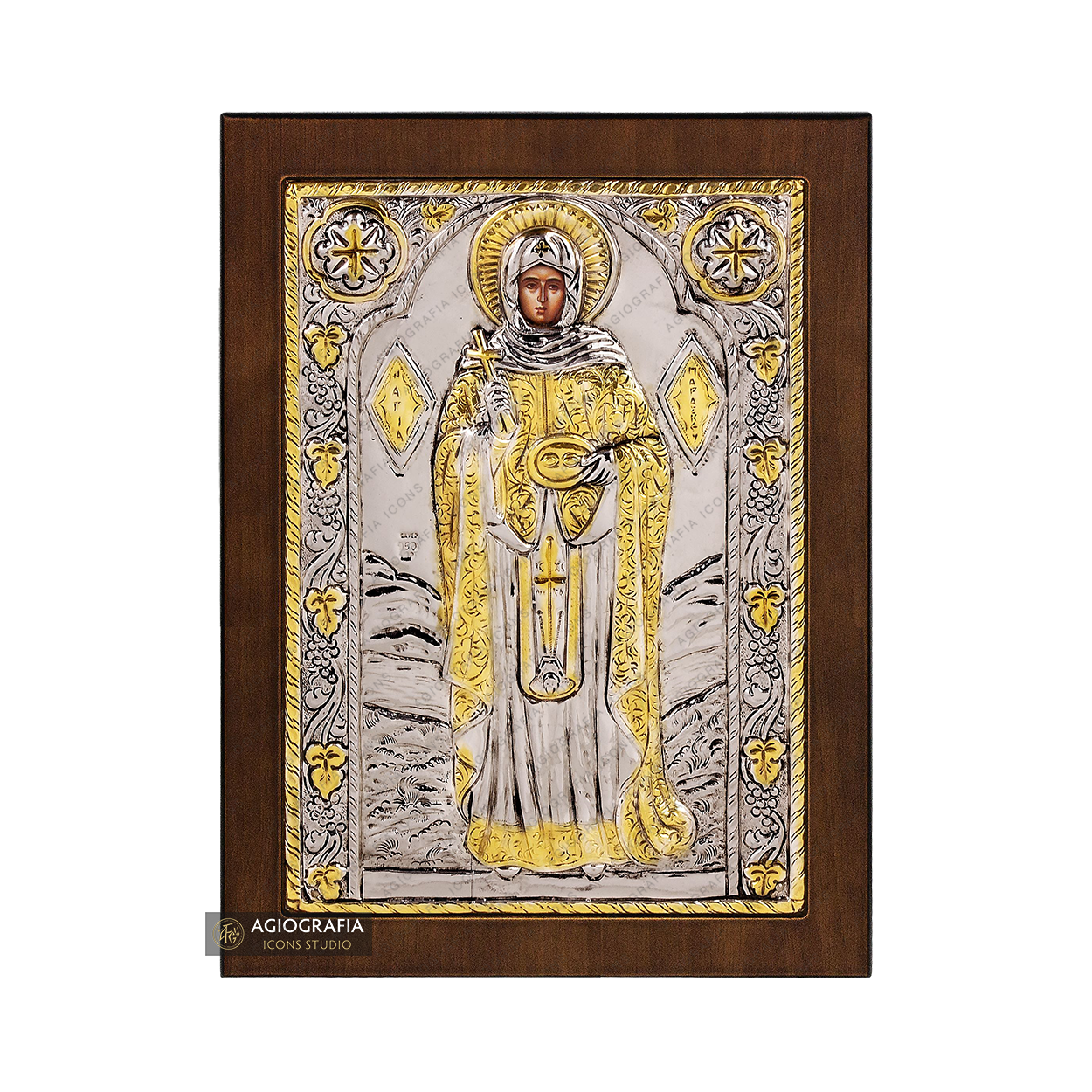 Saint Paraskevi Christian Orthodox Silver Plated Icon on Wood