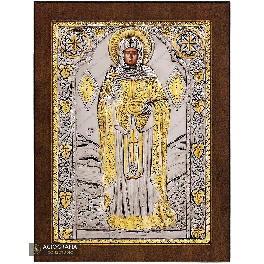 Saint Paraskevi Christian Orthodox Silver Plated Icon on Wood