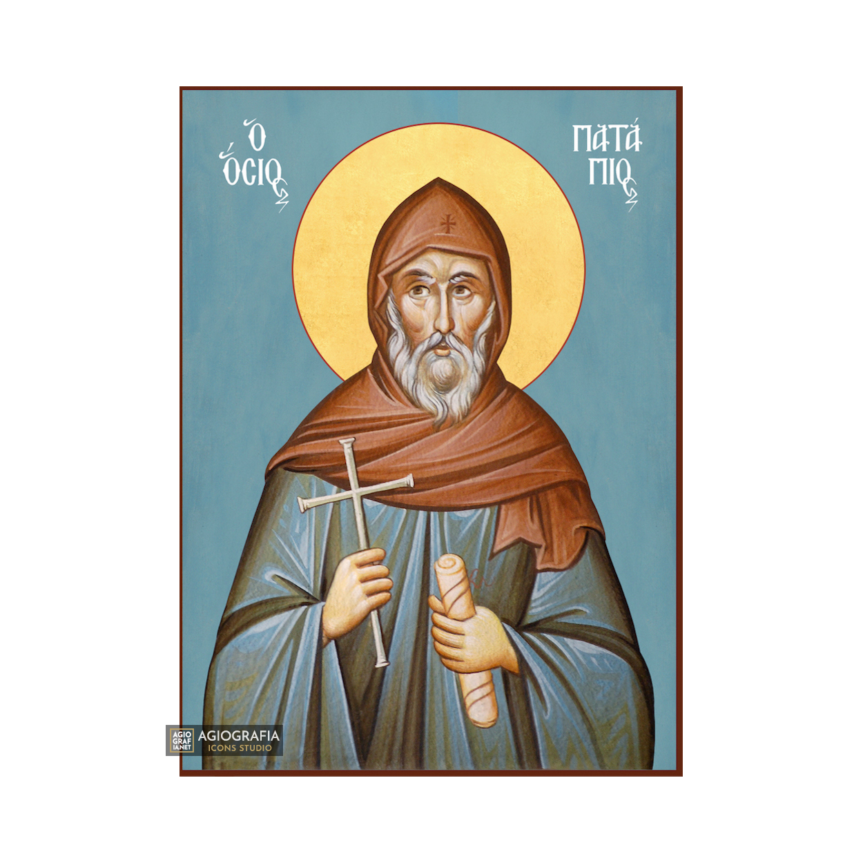 St Patapios Greek Orthodox Icon with Blue Background