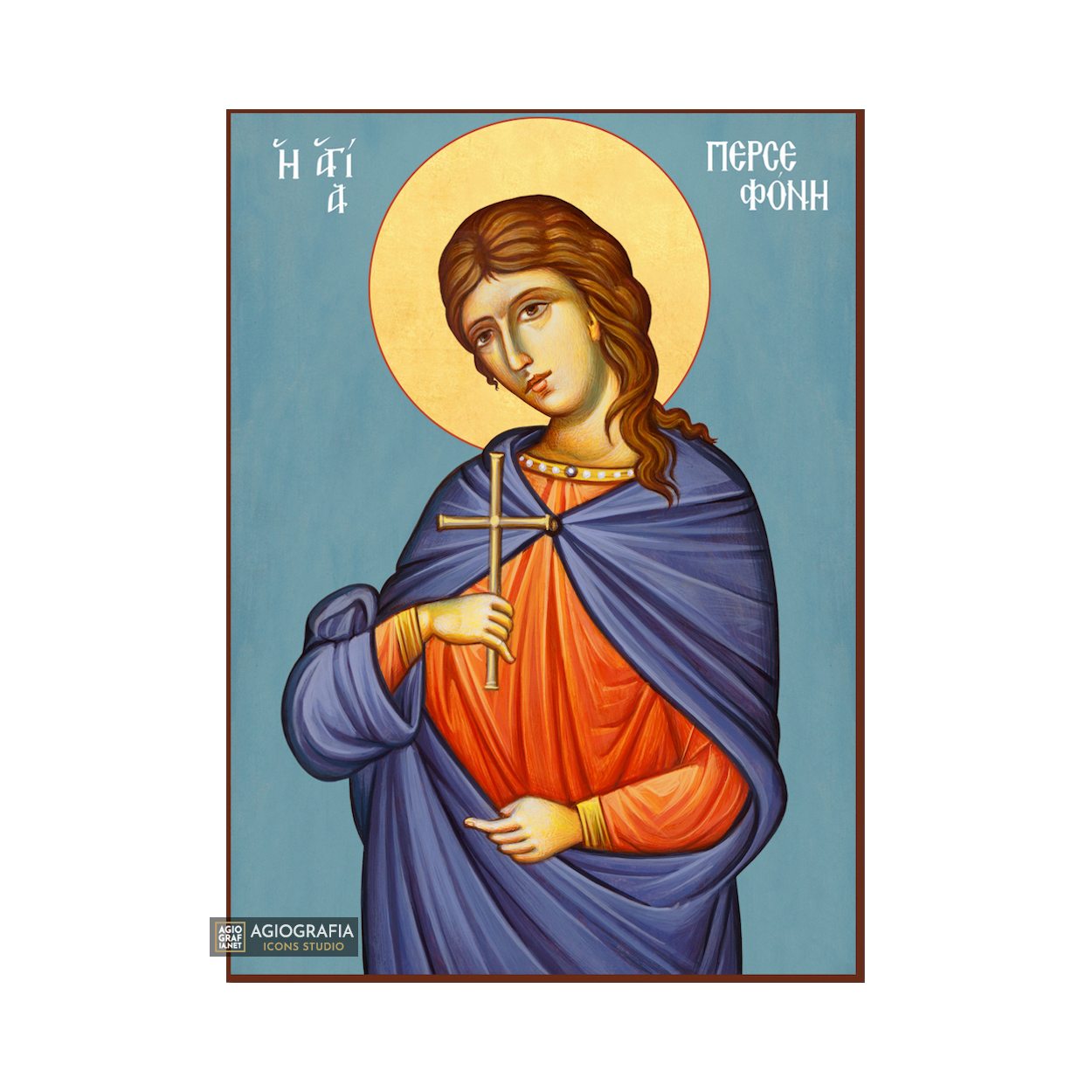 St Persephone Greek Orthodox Icon with Blue Background