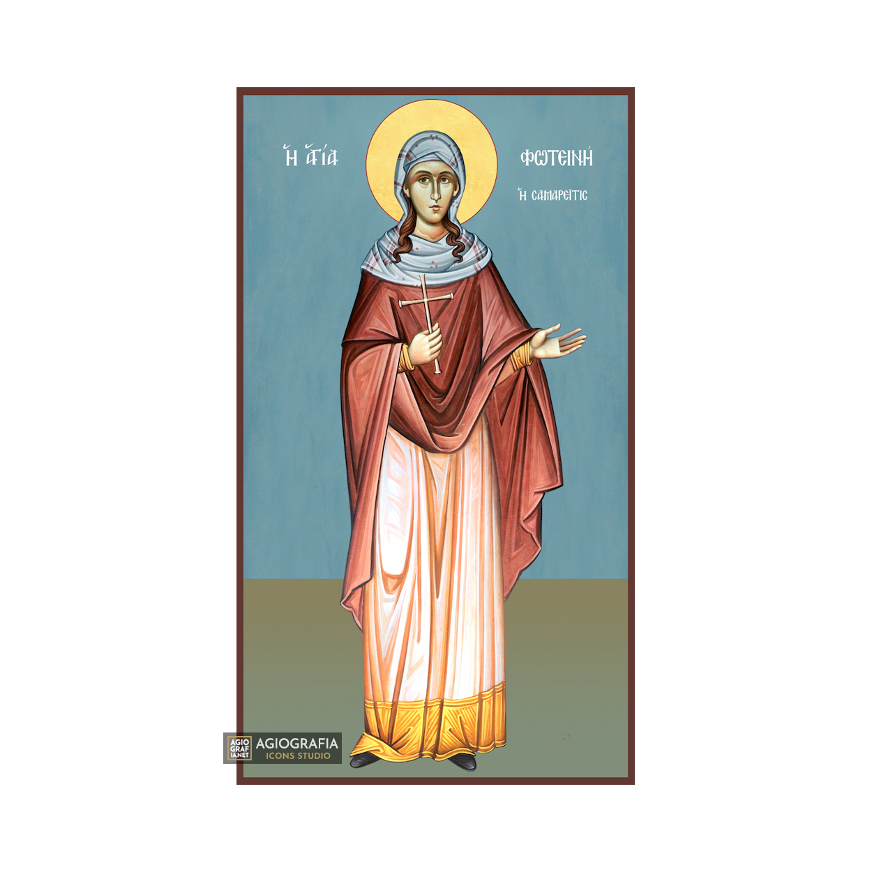 St Photini the Samaritan Woman Greek Icon Wood Blue Background