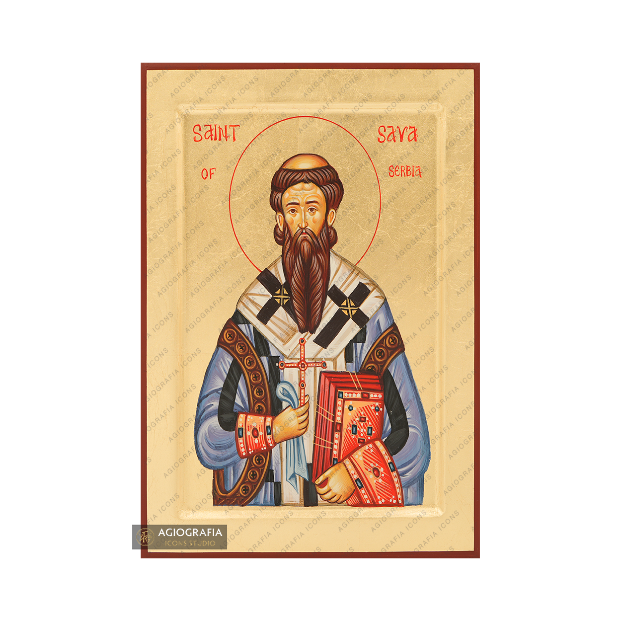 Saint Sava of Serbia Handwritten Icon with Gold Leaves