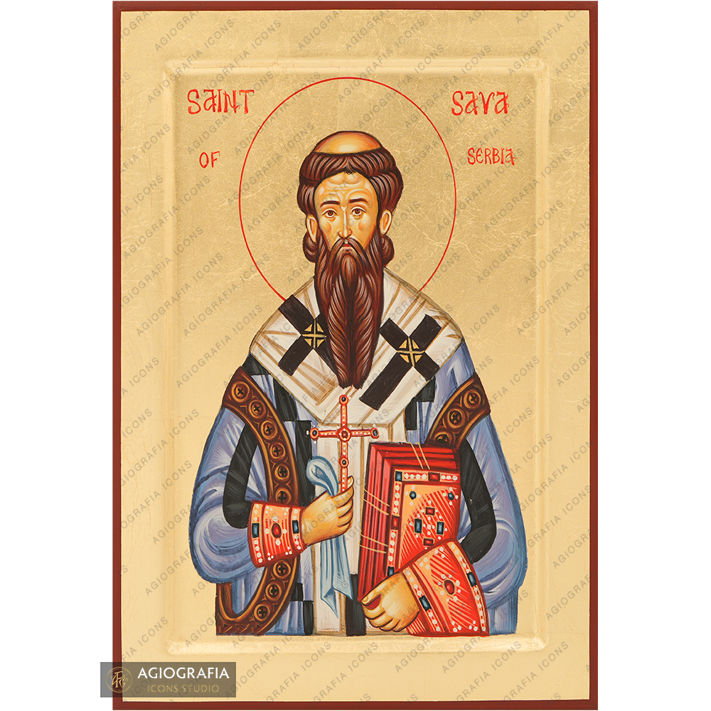 Saint Sava of Serbia Handwritten Icon with Gold Leaves