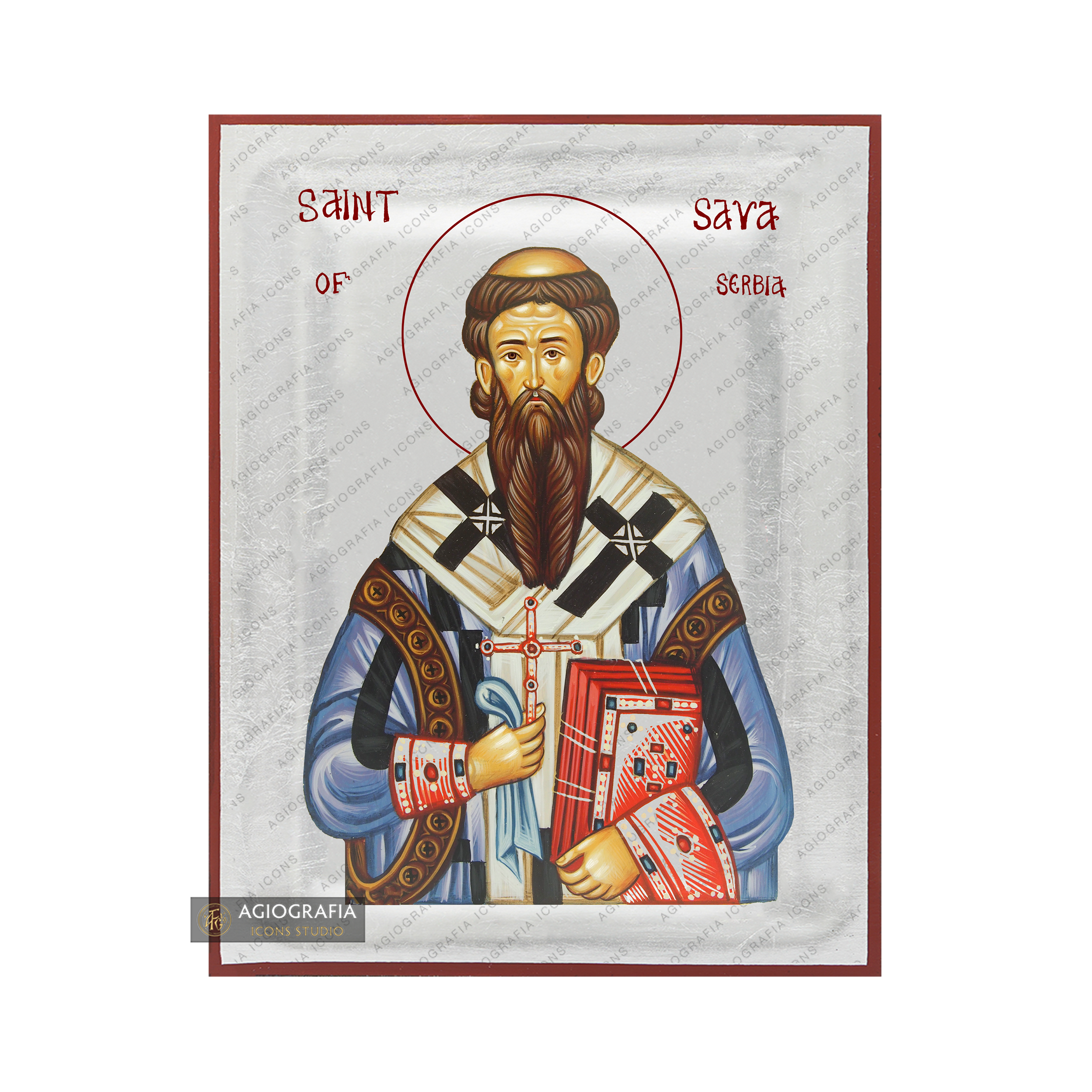 Exclusive St Sava of Serbia Icon with Pure Silver Leaves