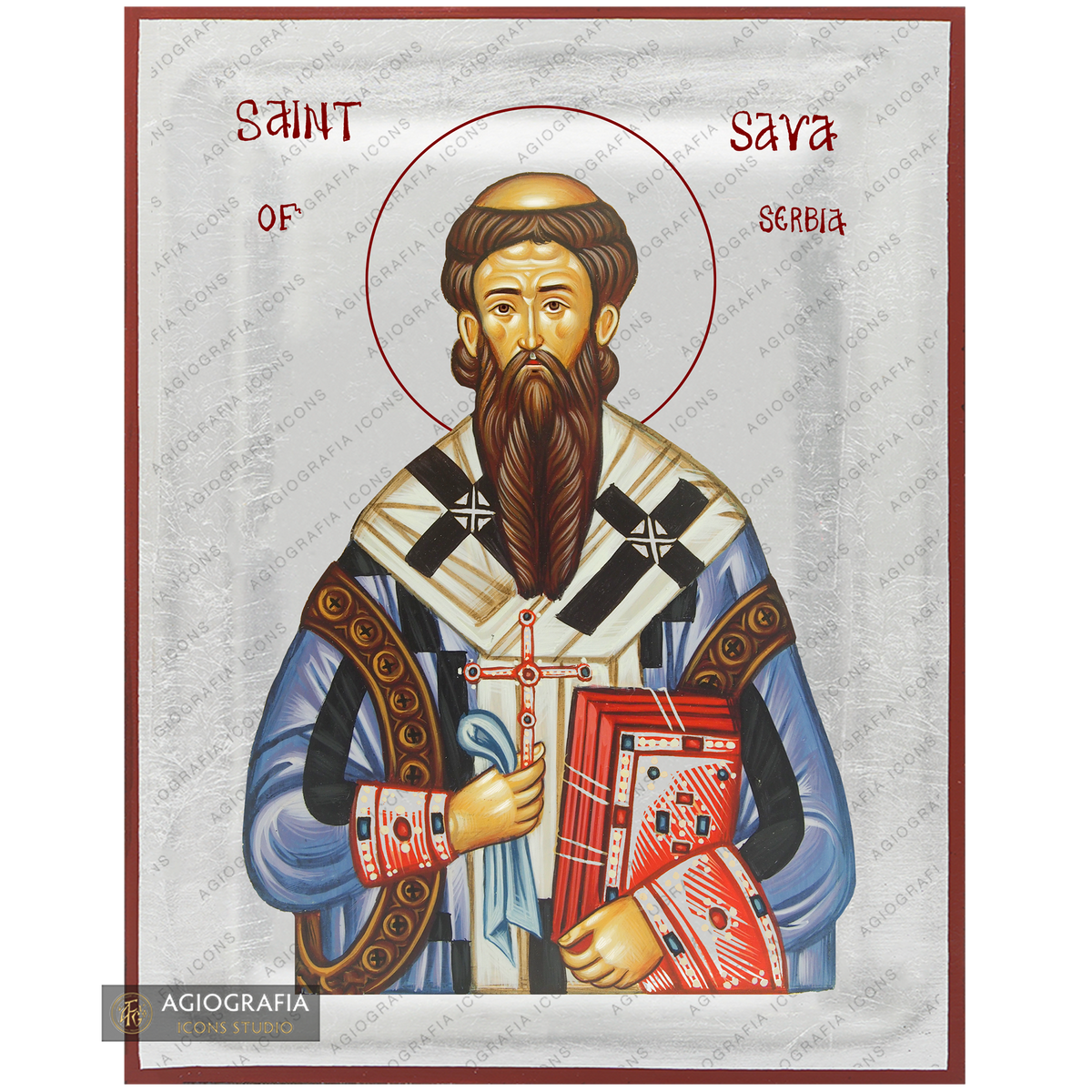 Exclusive St Sava of Serbia Icon with Pure Silver Leaves