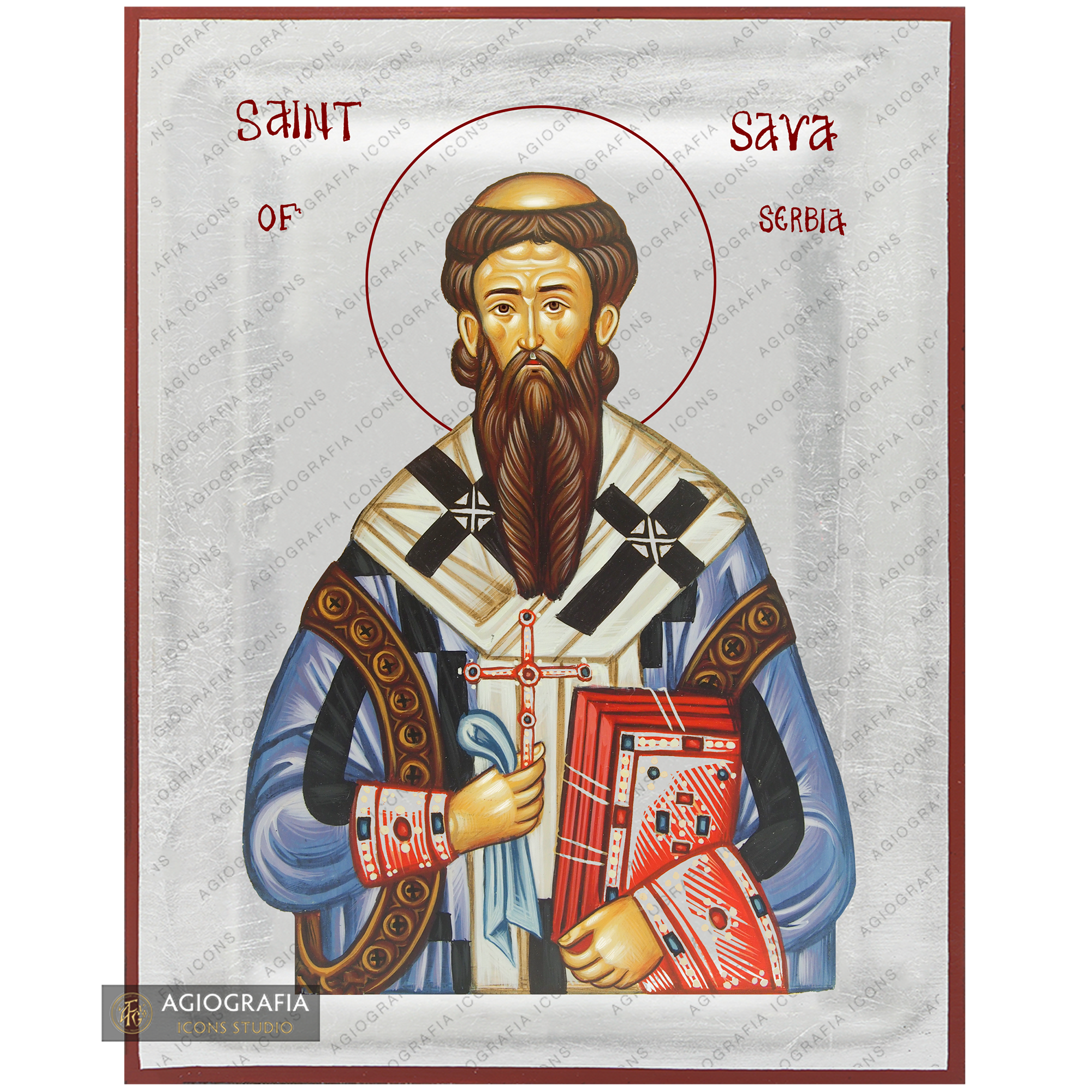 Exclusive St Sava of Serbia Icon with Pure Silver Leaves