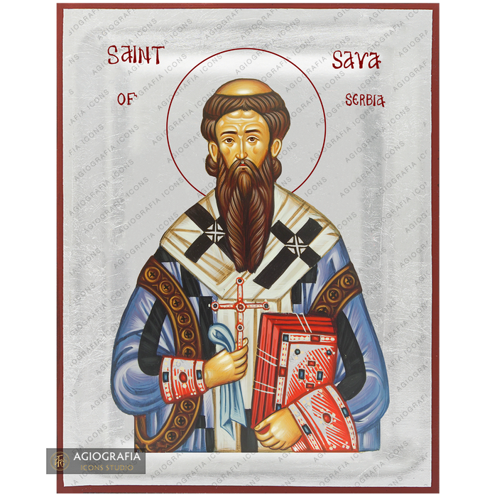 Exclusive St Sava of Serbia Icon with Pure Silver Leaves