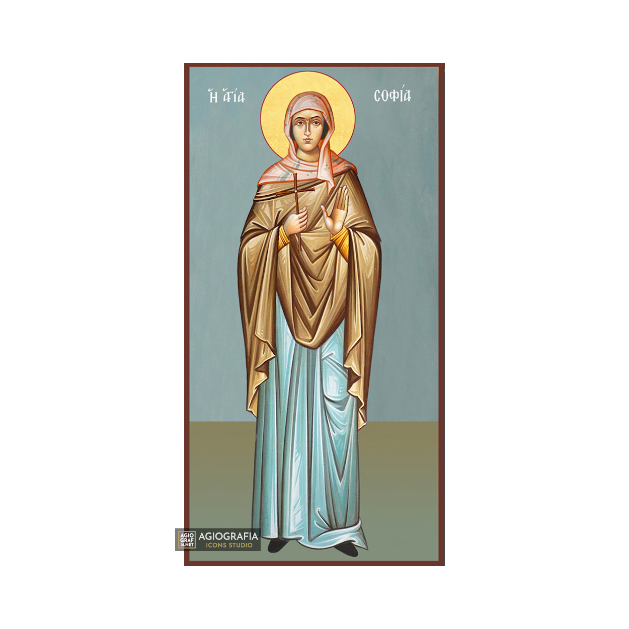 St Sophia Greek Orthodox Wood Icon with Blue Background