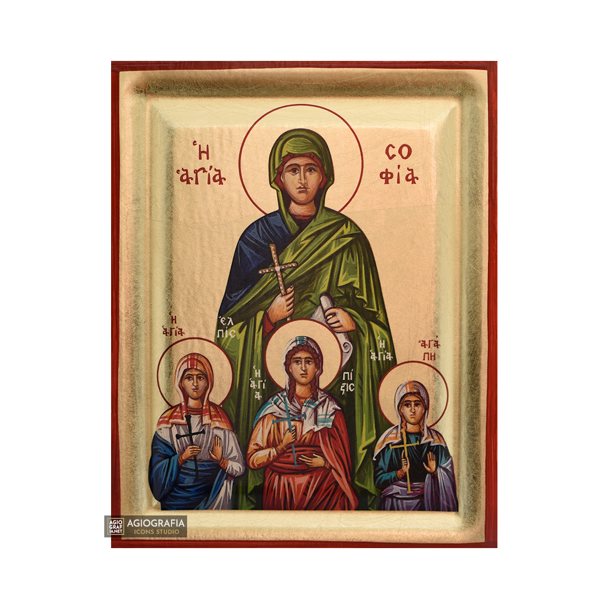 St Sophia & her three daughters Greek Icon with Gold Leaf