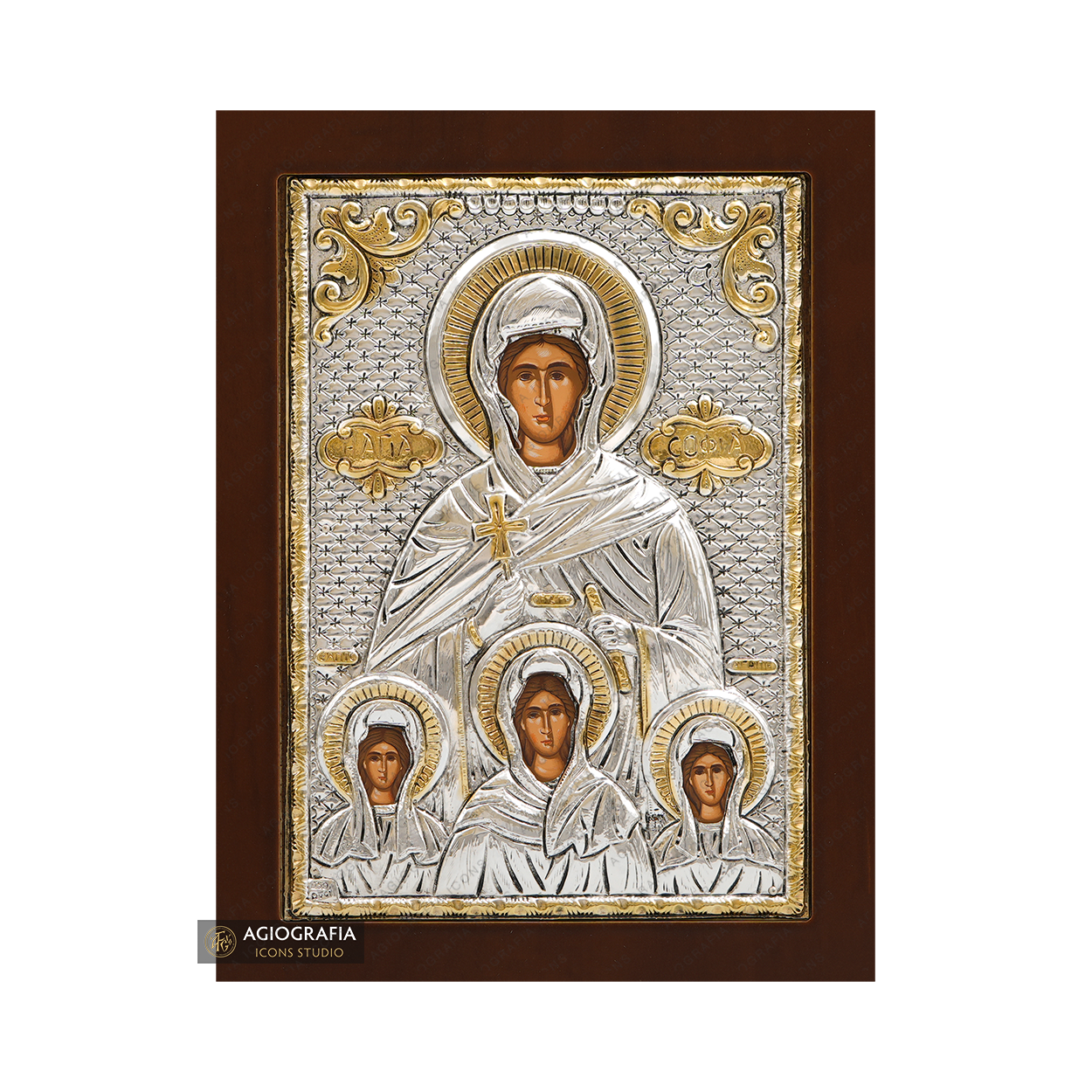 Saint Sophia & her daughters Orthodox Silver Plated Icon on Wood