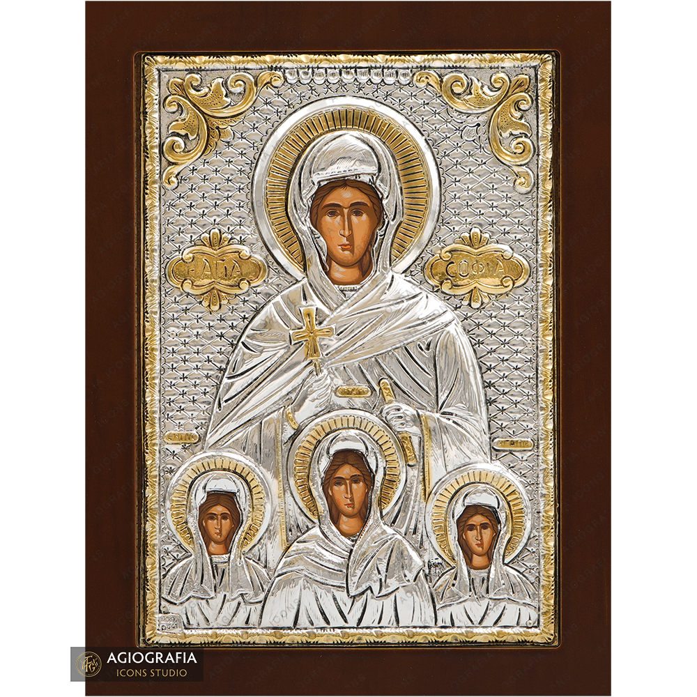 Saint Sophia & her daughters Orthodox Silver Plated Icon on Wood