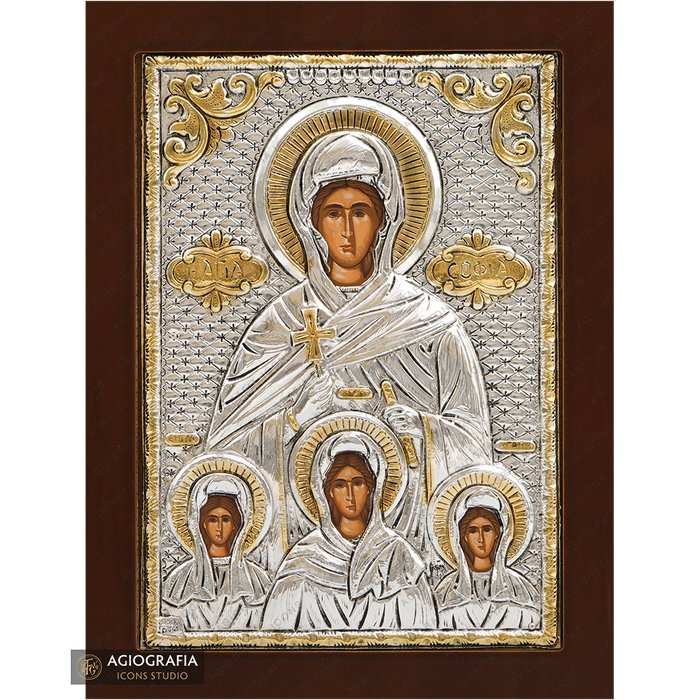 Santa Sofia & le sue figlie icona ortodossa placcata argento su legno