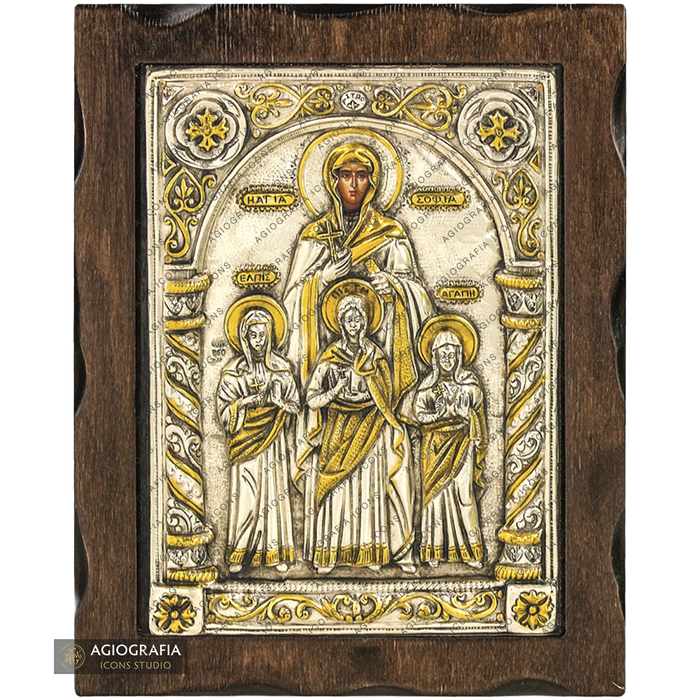 Saint Sophia with daughters Pure Silver and 24k Gold Plated Icon