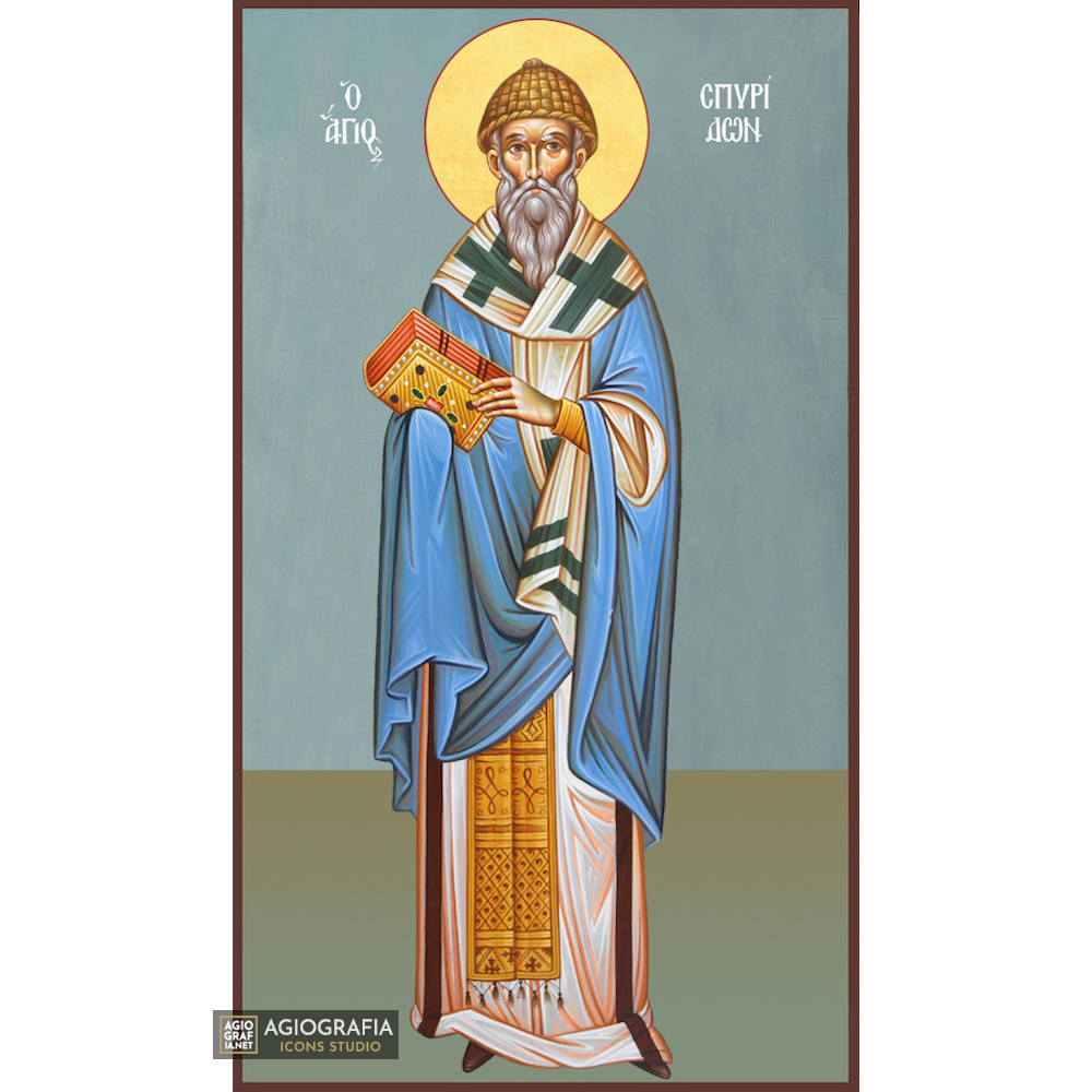 St Spiridon Christian Byzantine Wood Icon with Blue Background