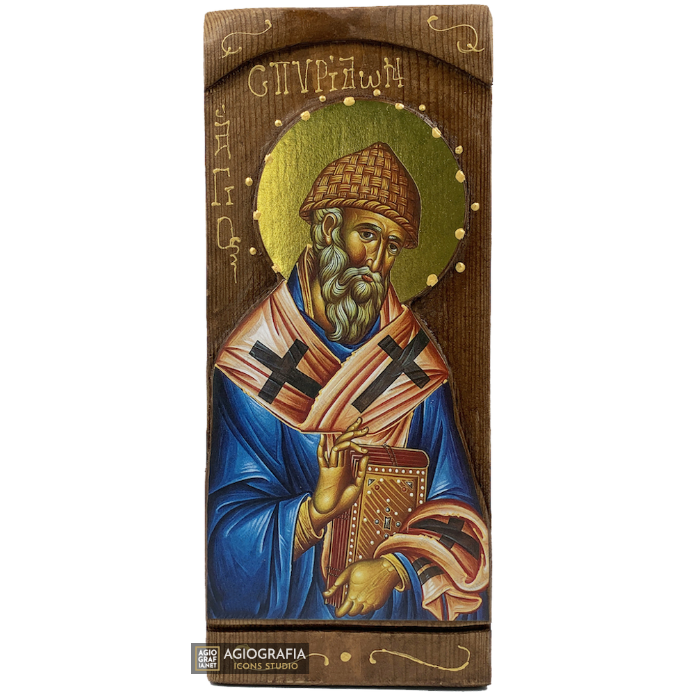 St Spyridon Byzantine Greek Gold Print Icon on Carved Wood