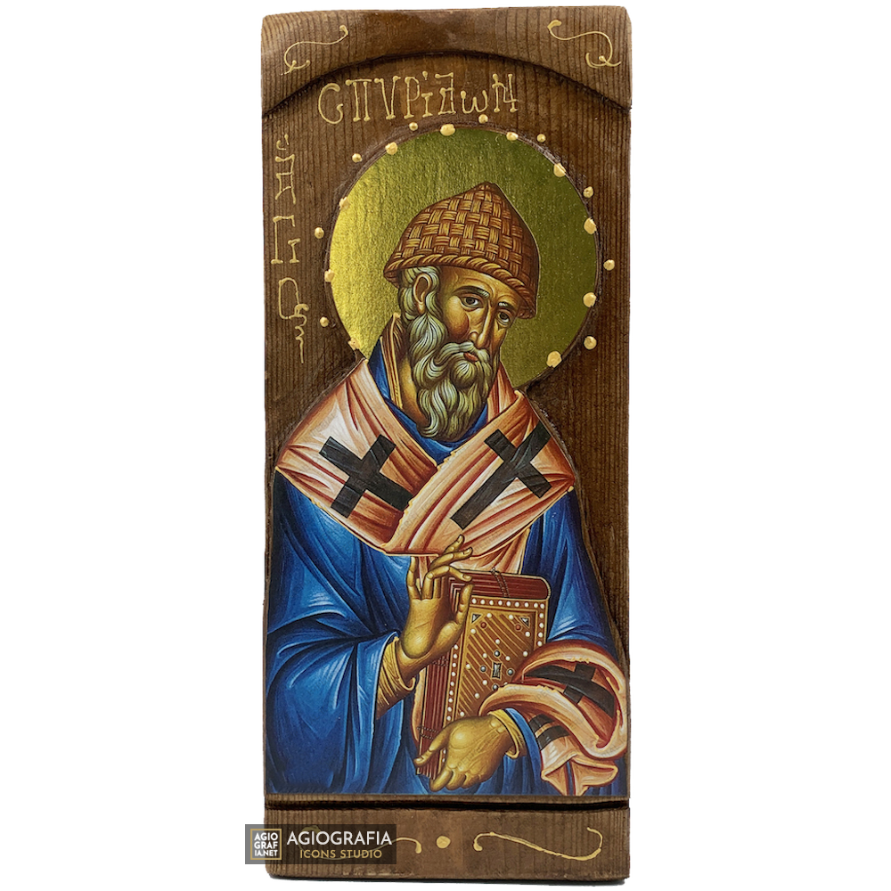 San Spiridione icona bizantina greca a stampa oro su legno intagliato