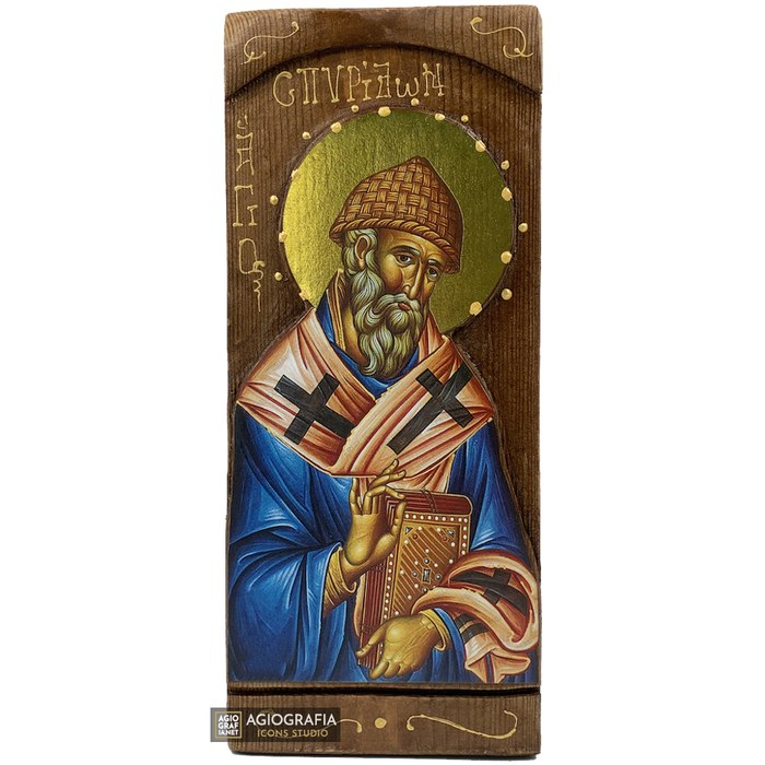 San Spiridione icona bizantina greca a stampa oro su legno intagliato
