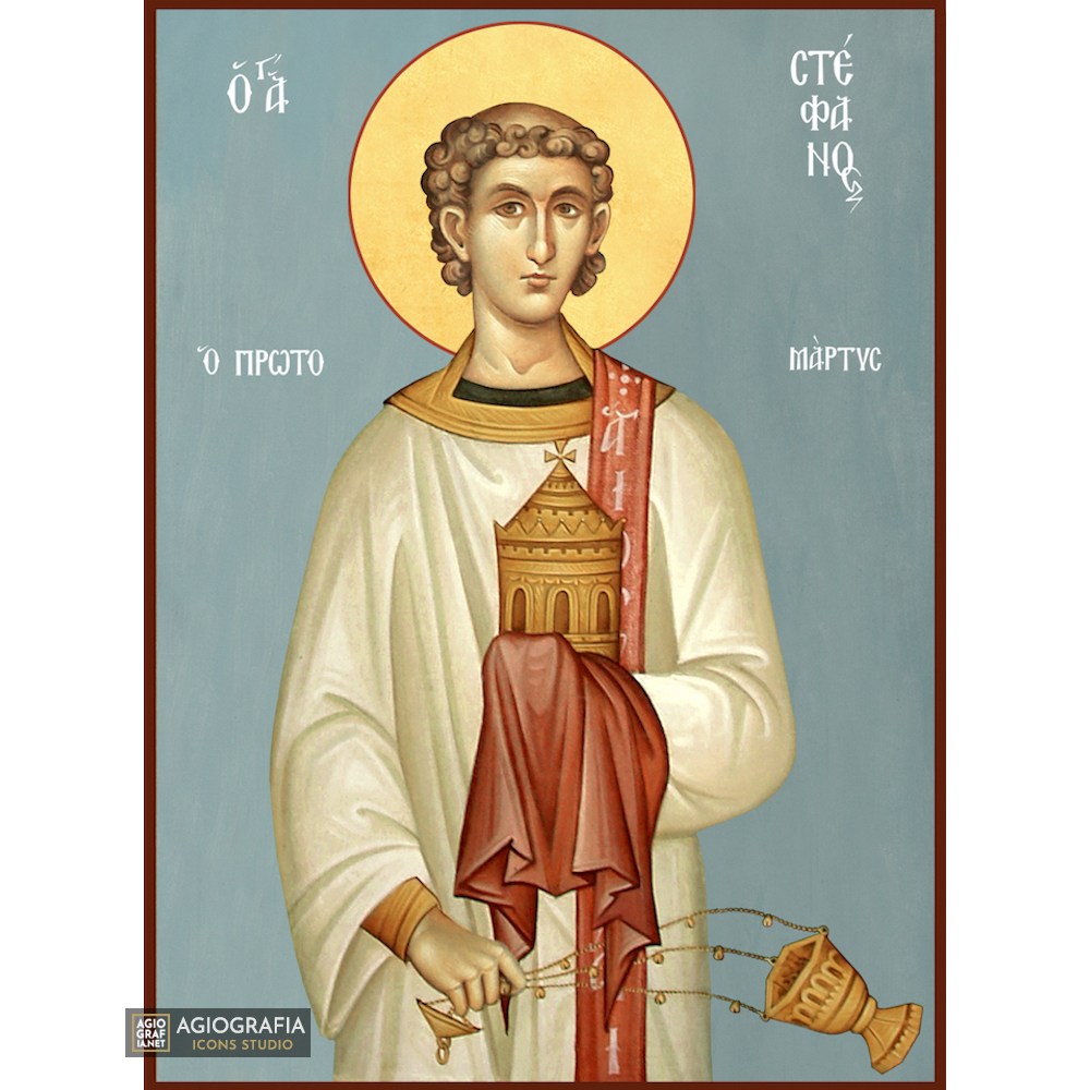 St Stephen Christian Byzantine Icon with Blue Background