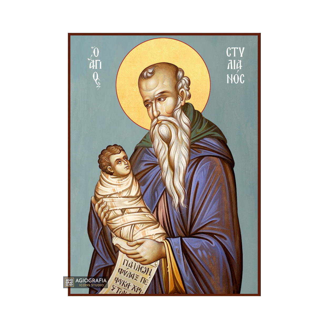 St Stilianus Christian Byzantine Icon with Blue Background