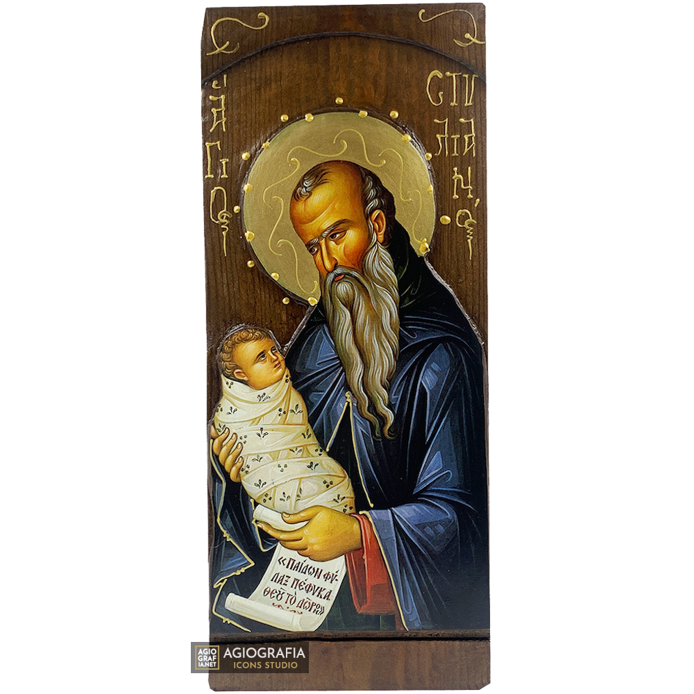 St Stylianos Christian Orthodox Gold Print Icon on Carved Wood