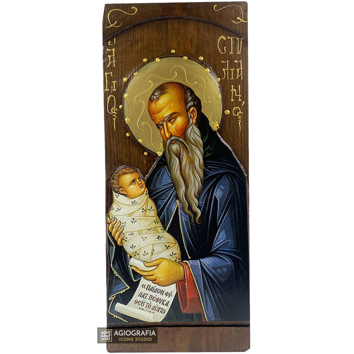 San Stiliano icona cristiana ortodossa a stampa oro su legno intagliato