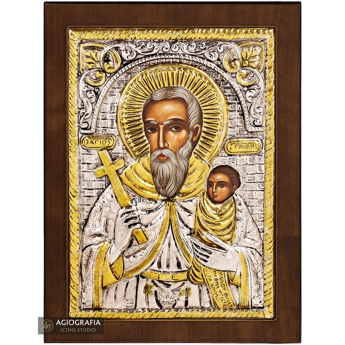 Heiliger Stylianos christlich-orthodoxe versilberte Ikone