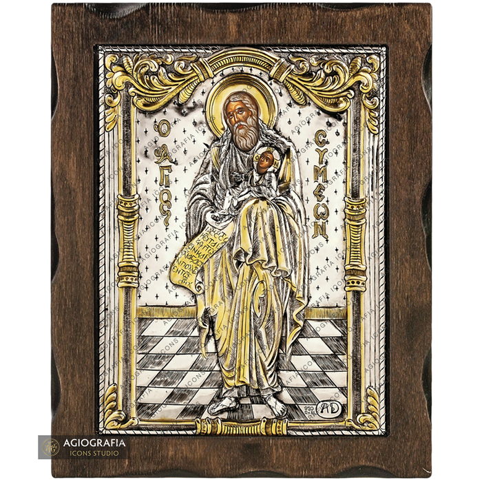 Saint Symeon the God-receiver Pure Silver and 24k Gold Plated Icon